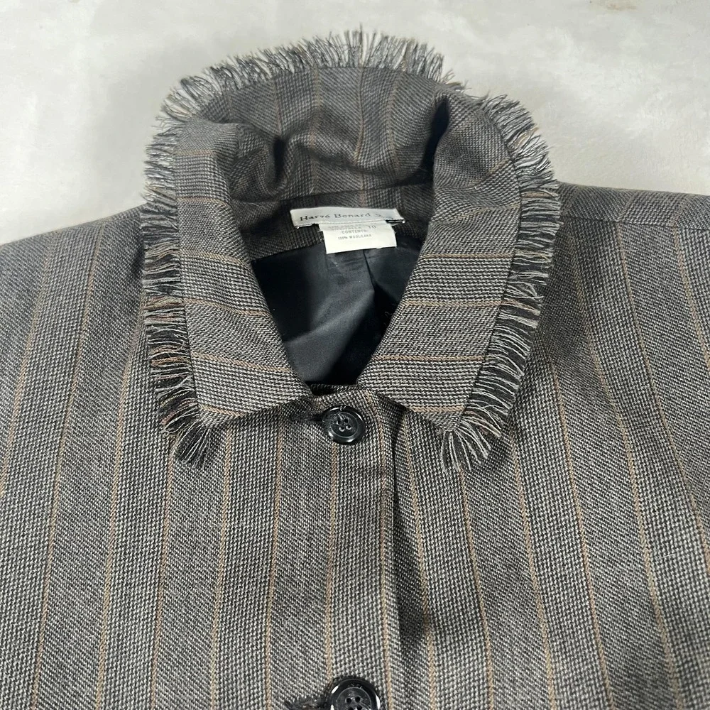 Harve Benard Sport Blazer Womens 10‎ Gray Wool Pinstripe Fringe Collar Jacket